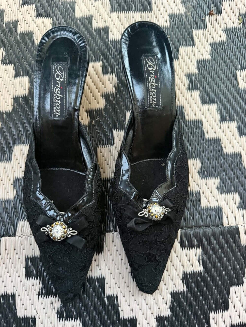 Brighton Black Lace Pointed Toe Mules with Jeweled Brooch & Matching Clutch.